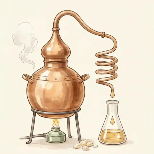 Een koperen distilleerketel, aquarel