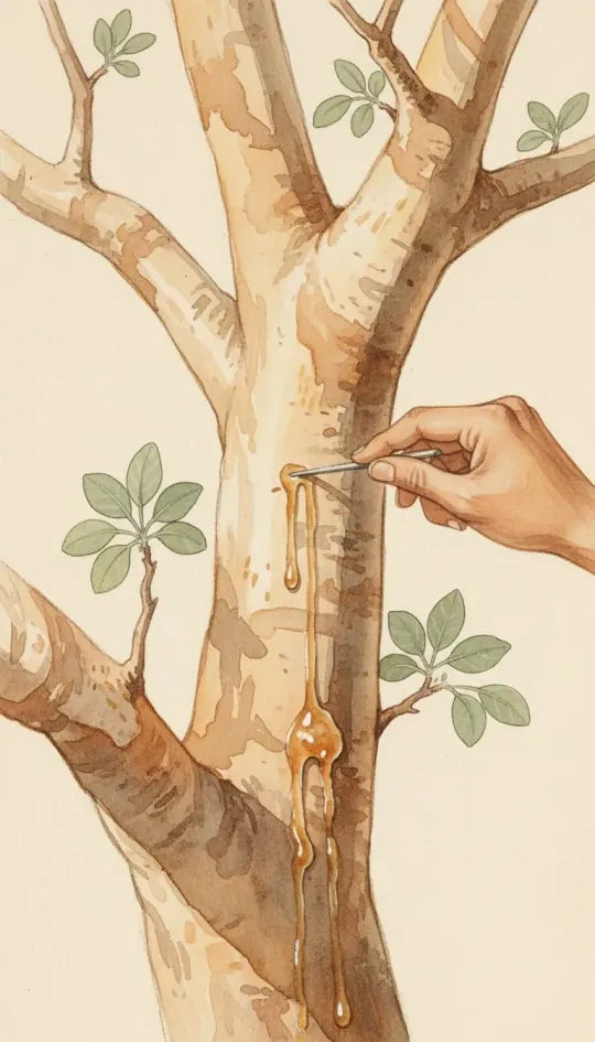 Een hand die hars insnijdt uit een Boswelliaboom, aquarel