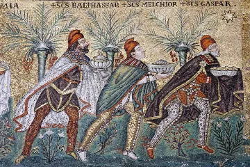De drie wijzen die hun geschenken dragen, mozaïek in Sant'Apollinare Nuovo, Ravenna