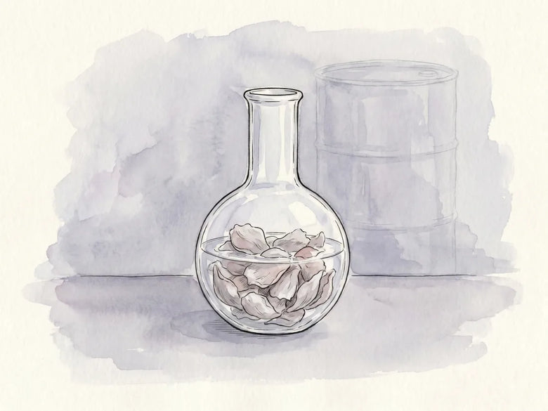 Rozenblaadjes die weken in een chemisch oplosmiddel in een laboratoriumvat, een illustratie