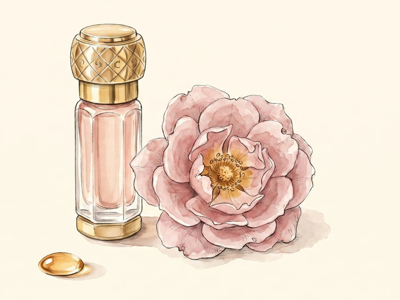 Het kleine Rose Otto-flesje naast een open Damascena-roos, met daarnaast één druppel olie, een illustratie