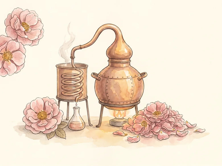 De hydrodistillatie van rose otto: een koperen ketel, stoom, en Damascena-bloemblaadjes, geïllustreerd