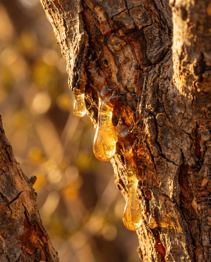 Gouden harstranen die zich vormen op de gewonde schors van de Commiphora-boom