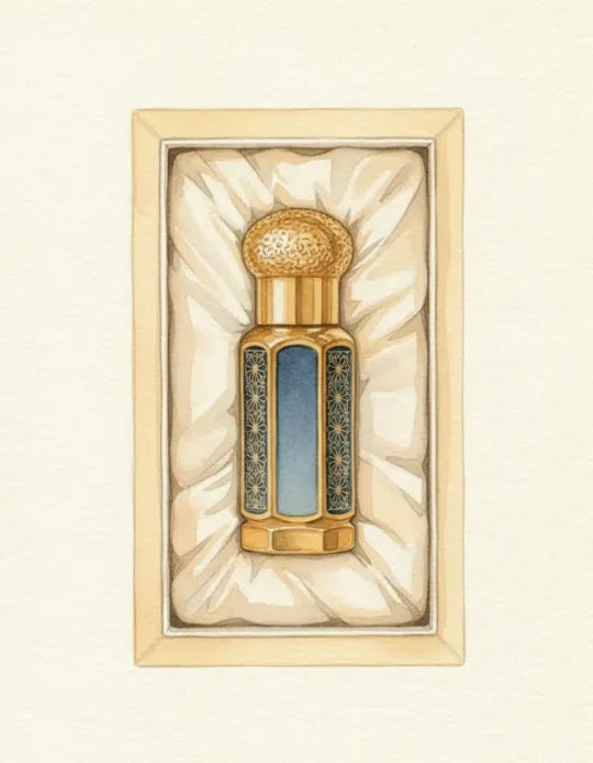 Het afgewerkte flesje in de cadeaudoos, aquarel