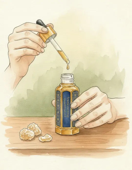 Handen die aan de werkbank een klein amberkleurig flesje vullen, aquarel
