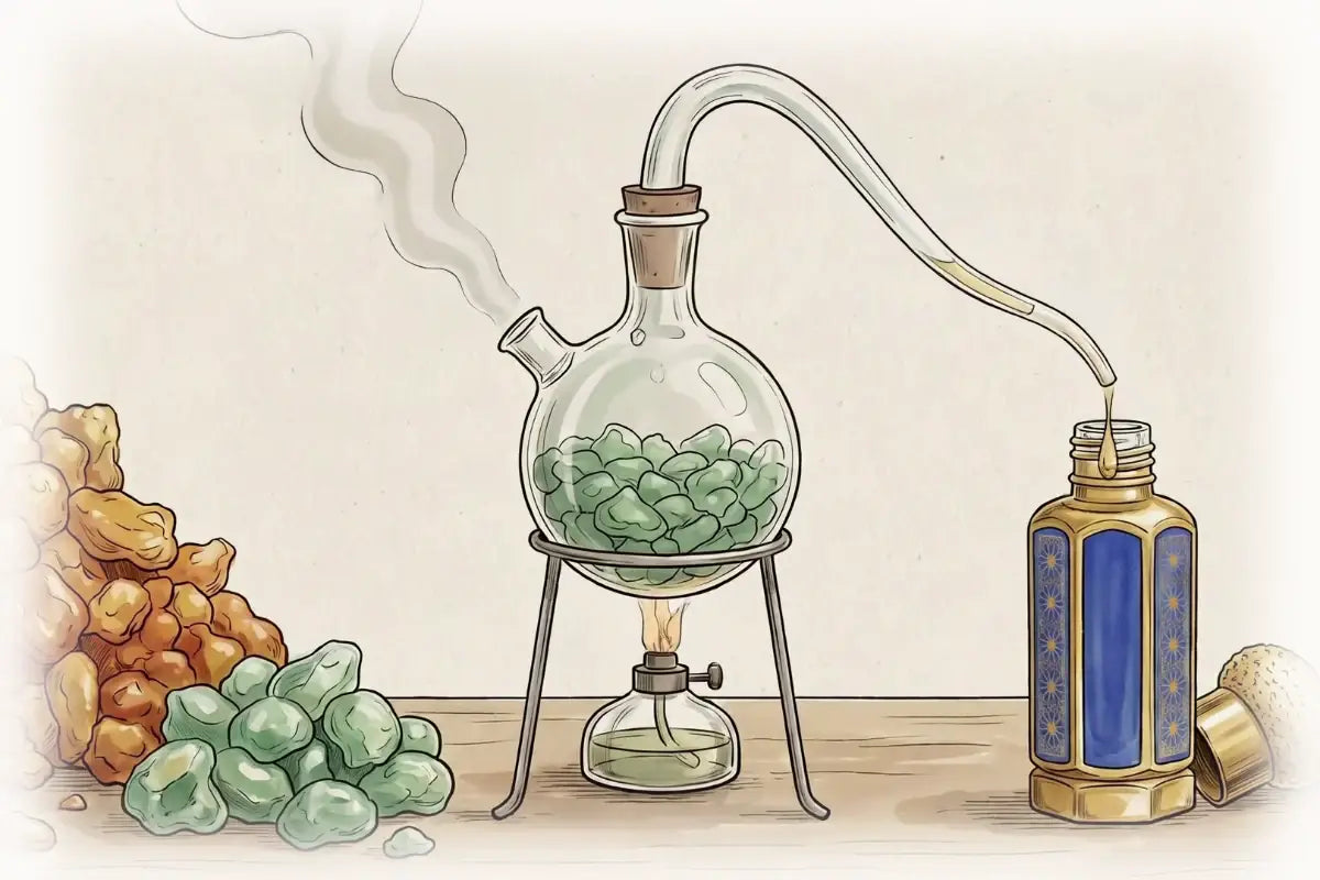Een distilleerbank: een stapel Hojari-wierook, de zeldzame jade-groene klasse eruit gesorteerd, een glazen distilleerketel, en ons kleine goud-blauwe flesje dat met olie wordt gevuld