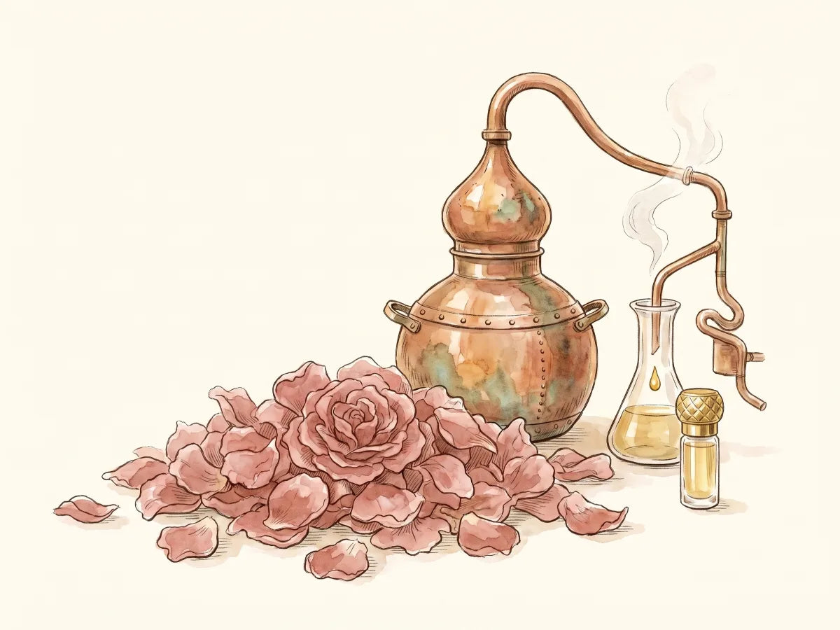 Rose otto distillation: Damascena petals, a copper still, and the bottle being filled, an illustration