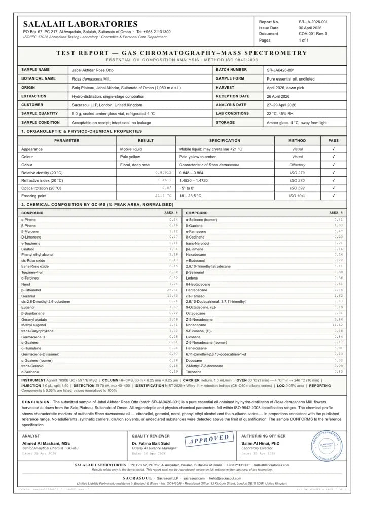 Sacrasoul GC-MS lab report for Rose Otto, first page