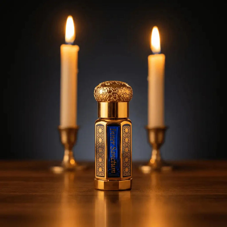 Het flesje Inner Sanctum naast brandende kaarsen, een stil moment