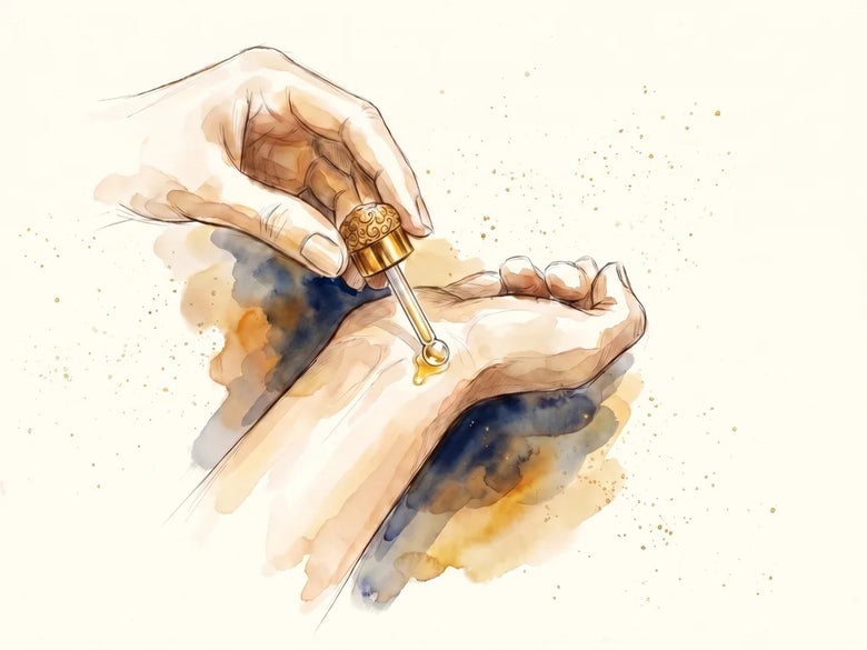 Pure plantaardige olie aangebracht op de pols, de oudere handeling van zalven, een illustratie